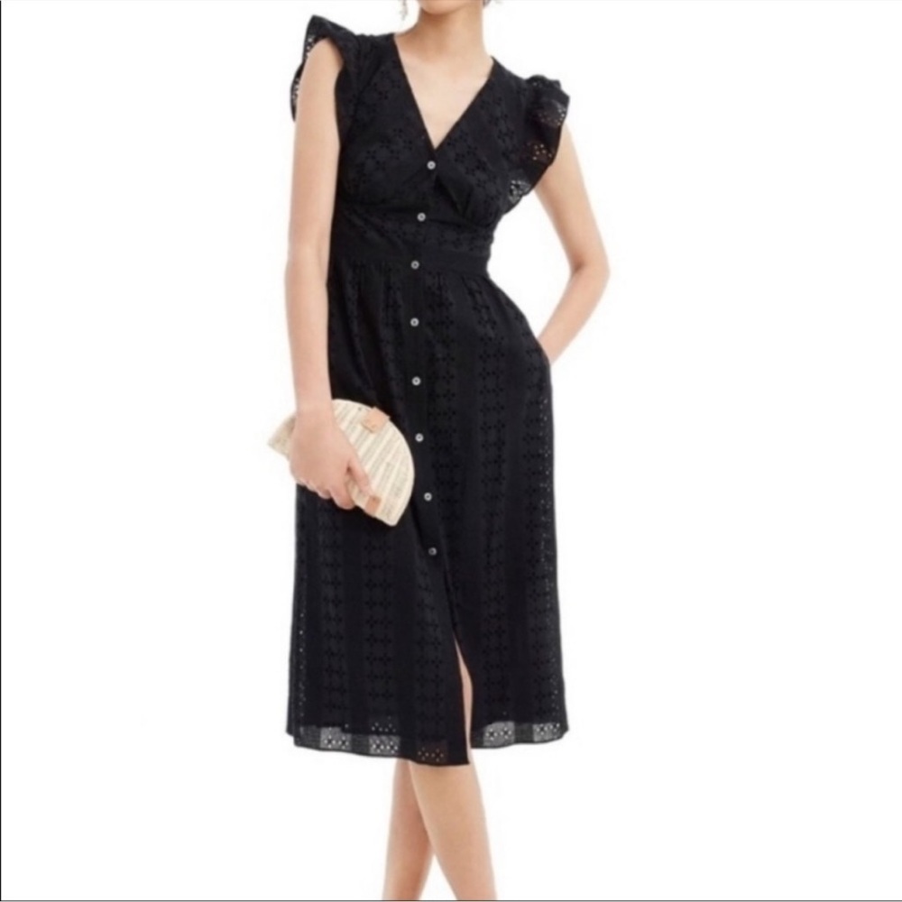 J. Crew Ruffle Sleeve Eyelet Dress Black Size 0 - Picture 14 of 14